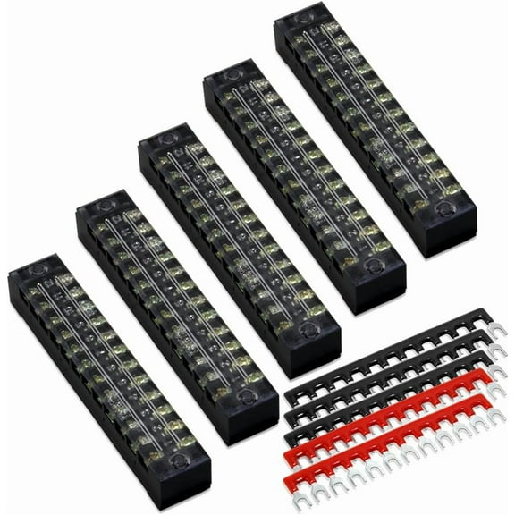 10Pcs (5 Sets) 12 Positions Dual Row 600V 15A Screw Terminal Strip Blocks with Cover   400V 15A 12 Positions Pre-Insulated Terminals Barrier Strip (Black & Red)