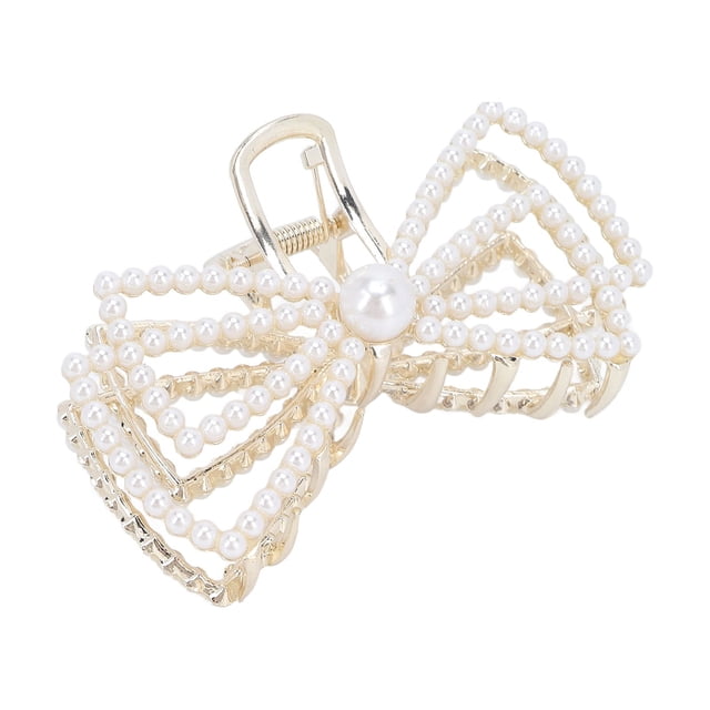 Hair Catch Barrette, Bowknot Hair Claw Compact Glossy Charming Back Head For Makeup For Face Washing For Decoration Rhinestone,Pearl + Rhinestone,Pearl