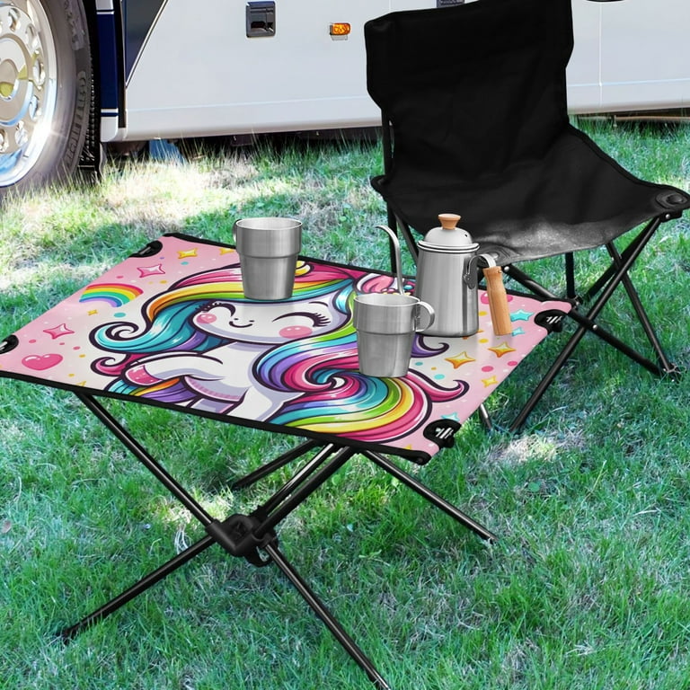 Cute Cartoon Rainbow Unicorn Camping Folding Table Portable Beach Table with Storage Bag Compact Picnic Table for Outdoor Travel Fishing BBQ Men s