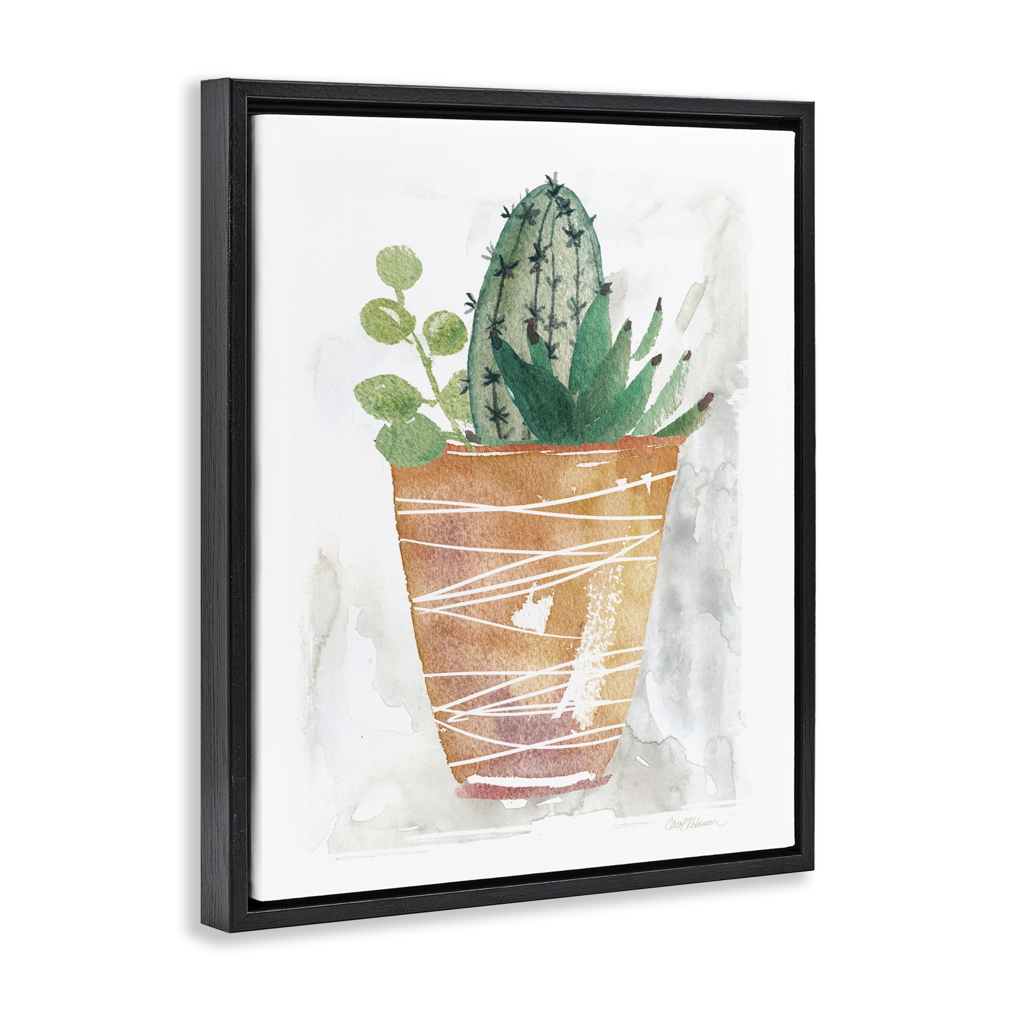 Stupell Industries Cactus & Succulent Vase Plants & Flowers Painting Black Floater Framed Canvas Art Print Wall Art, 17 x 21
