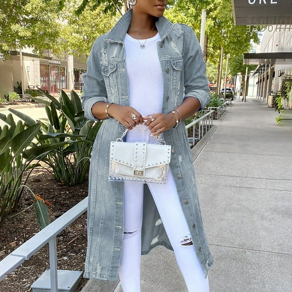 Tejiojio Jackets Women's Mid Length Casual Handsome Distressed Denim Long Trench Coat