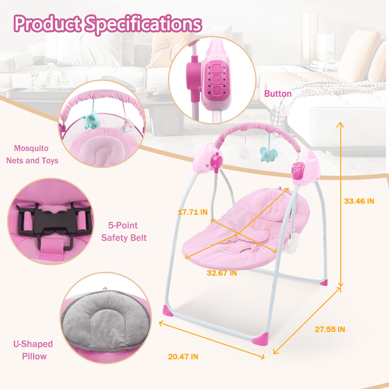 Jonster Electric Baby Swing with Bluetooth, Remote, Toys, 4-Speed Adjustable Infant Swing, Auto Rocking, for Newborns to Toddlers, Pink