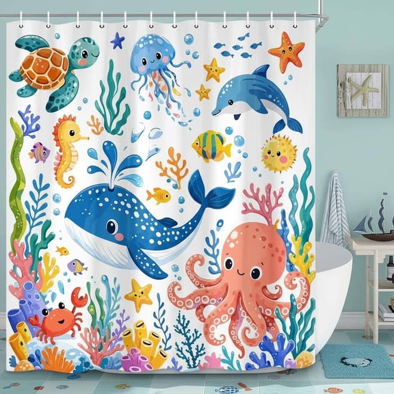 Kids Ocean Shower Curtain, Cute Whale Octopus Turtle Sea Creatures Underwater World Bathroom Decor, Waterproof Polyester Fabric Bath Curtain for Children Bathroom, 47x64 Inches