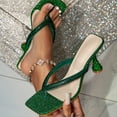 thumbnail image 5 of Kitten Heels for Women Flip Flops Square Open Toe Glitter Rhinestone Thong Sandals Retro Backless Heeled Slides Summer Dressy Shoes Green Size 6, 5 of 7
