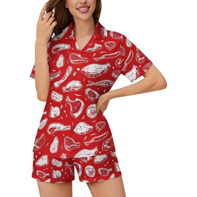 SKQIT Ensembles de Pyjama à Manches Courtes pour Femmes, 2 Pcs Imprimé Mignon Chemise Boutonnée en Satin Doux et Shorts