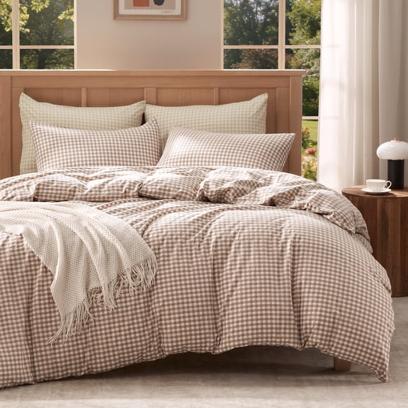 Litanika Queen Size 100% Washed Cotton Gingham Duvet Cover 3-Piece Set, Soft Breathable Checkered Bedding Set