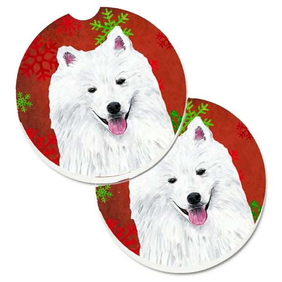 American Eskimo Red and Green Snowflakes Holiday Christmas Set of 2 Cup Holder Car Coasters