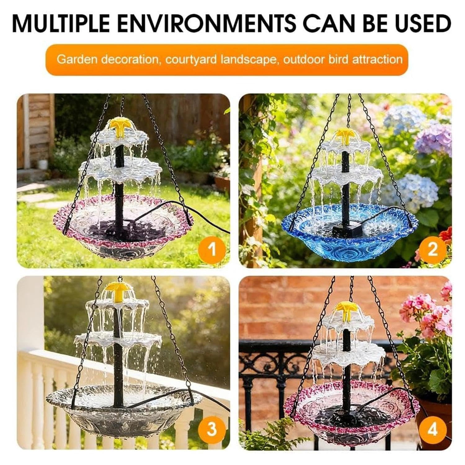Solar Cascade Hanging Bird Bath Fountain, Creative Designs, Outdoor Decorations, Garden Gifts, Large Humming Birds Bath Fountain