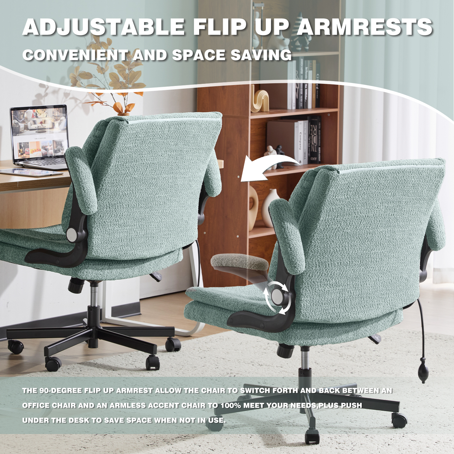 Wide Criss Cross Chair with Flip Up Back Cushion and Arms, Ergonomic Cross Legged Office Chair with Dynamic Lumbar Support, Upholstered Swivel Rolling Vanity Chair for Customized Comfort