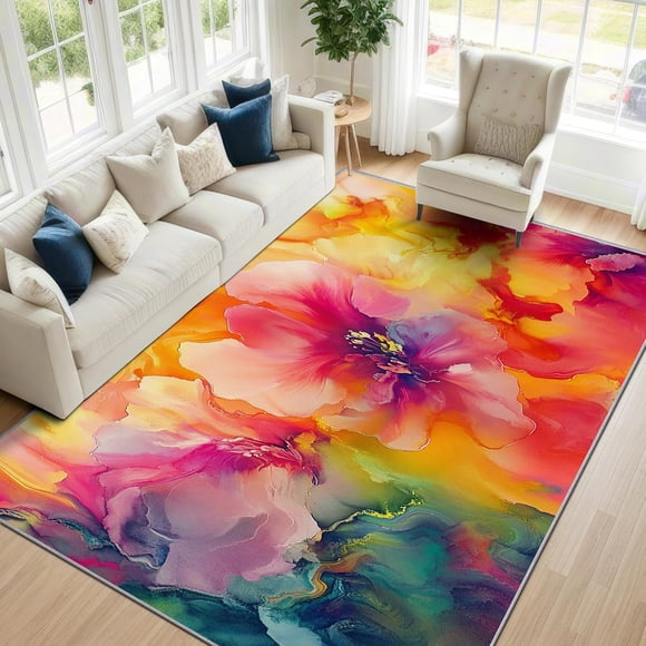Modern Floral Area Rugs, Bright Color Watercolor Flower Carpet, Washable Non Slip Low Pile Soft Rug for Living Room Bedroom Decor Mat 3x4ft