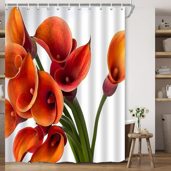 Spring Romance Orange Flower Shower Curtain - Burnt Orange Calla Lily Floral Design, Beautiful and Creative, Machine Washable Polyester Fabric with Hooks, 70x70 Inches