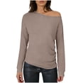 thumbnail image 5 of ClodeEU Women's Asymmetric Shoulder Pleated Long-Sleeve Slim Fit Tshirt ,Boat Neck Off Shoulder Blouse Tops Khaki,Womens Plus XL, 5 of 7