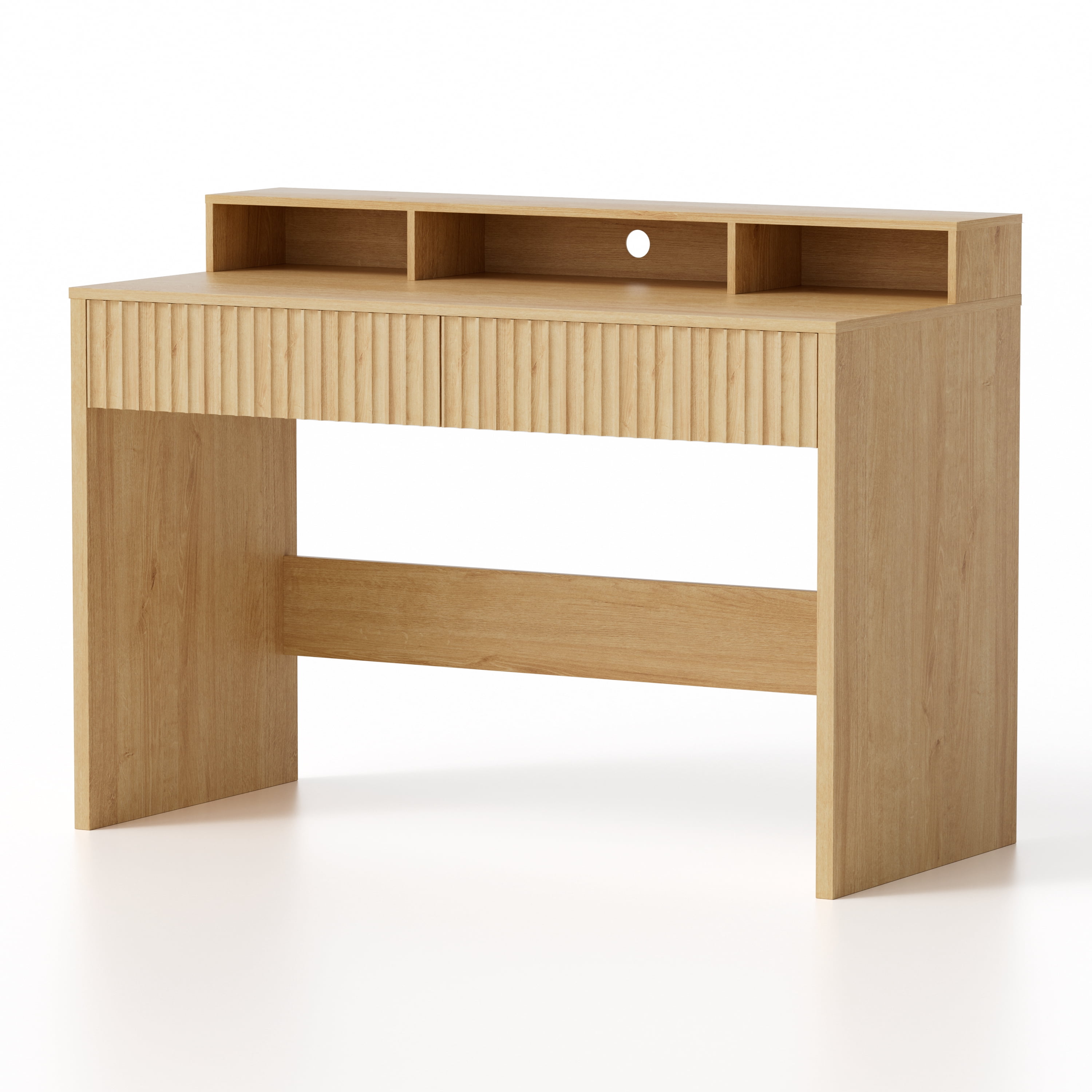 EYYTHUNG Fluted Office Desk with Storage Shelf, 47" Modern Wood Executive Desk with Long Monitor Stand & 2 Drawers, Home Writing Study Computer Table Vanity Desk, Natural Oak