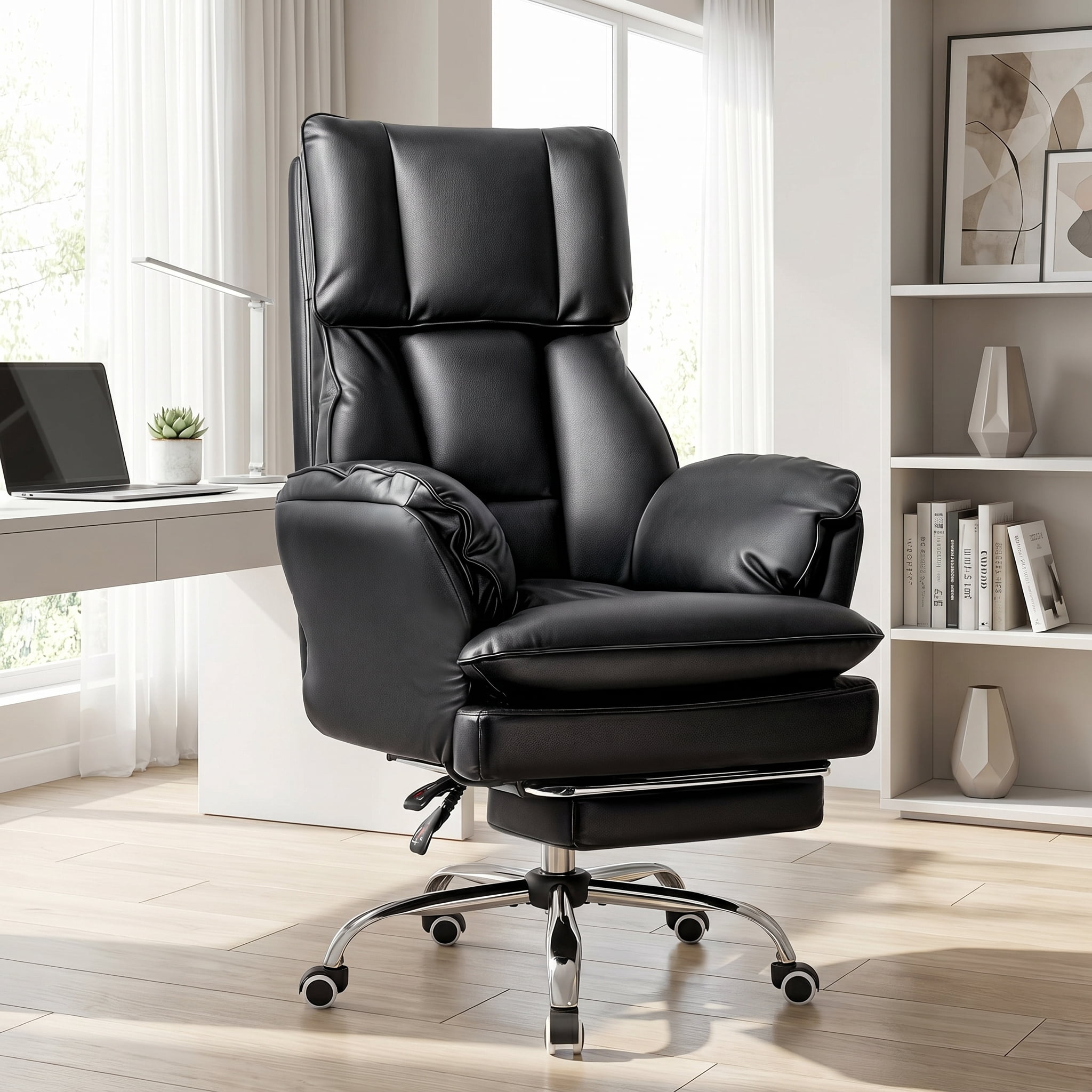 Waleaf 400lbs Executive Office Chair with Footrest, Ergonomic Leather Desk Chair with 180° Flip Armrests for Cross-Legged Sitting & 135° Reclining Back
