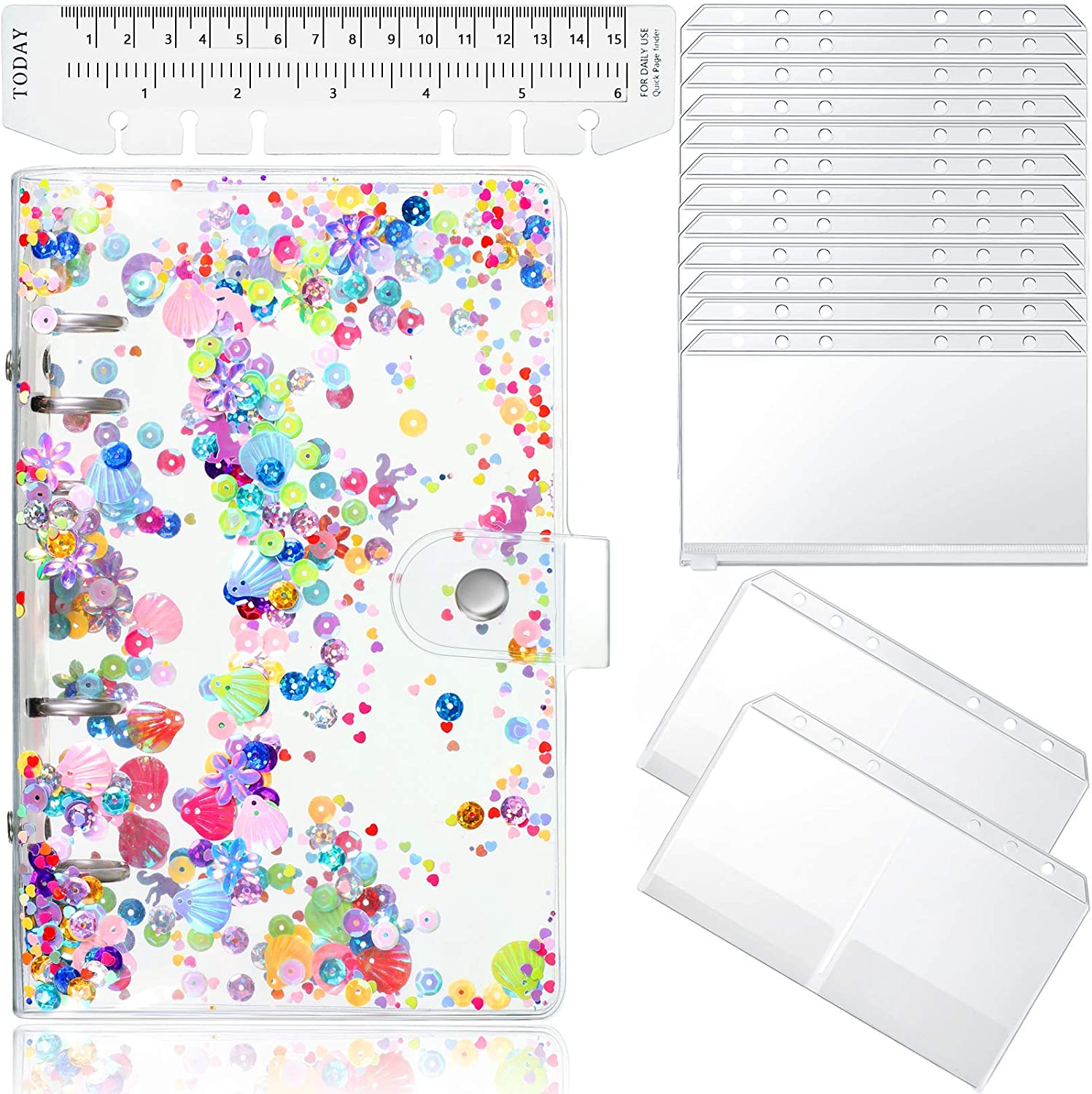 A6 PVC Glitter Binder Cover Set, 6 Holes Quicksand Binder Notebook with