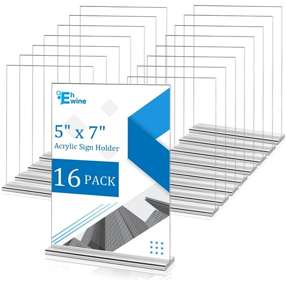 EHWINE 16 Pack Acrylic Sign Holder 5 x 7, Double-Sided Stand up Table Top Sign Holders, Clear Acrylic Picture Frame Menu Flyer Paper Holder Display Stand f