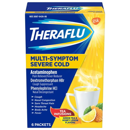 Theraflu MultiSymptom Severe Cold with Green Tea & Honey Lemon Hot Liquid Powder for Cough & Cold Relief, 6