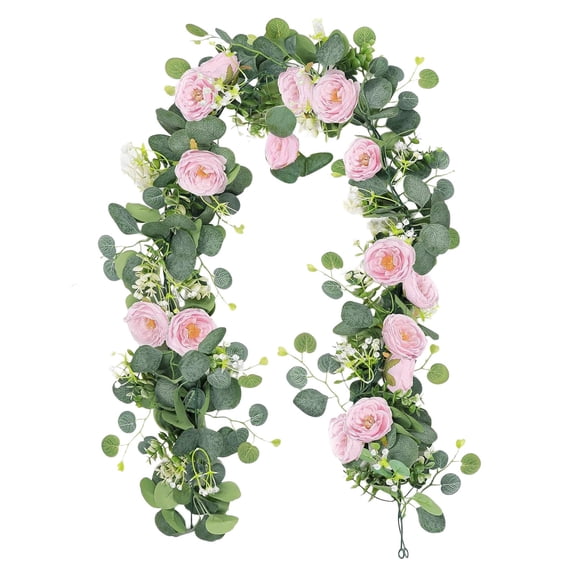 Artificial Eucalyptus Garland with Flowers,Fake Rose Flower Vine Seeded Eucalyptus Leaves Greenery Garland for Wedding Spring Party,6ft Fake Rose Gypsophila Garland Art Table Runner Decor