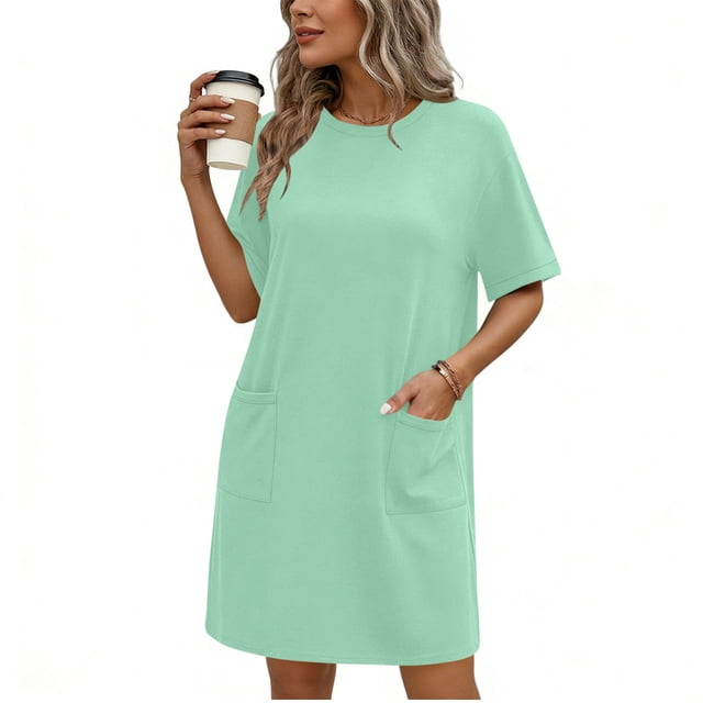 TaTaai Ladies Classic Solid Color Round Neck Short Sleeve Casual Dress with Functional Pockets Soft Stretchy Material Fashion Midi Dress for Spring Summer Daily Outings Gift