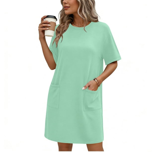 TaTaai Ladies Classic Solid Color Round Neck Short Sleeve Casual Dress with Functional Pockets Soft Stretchy Material Fashion Midi Dress for Spring Summer Daily Outings Gift