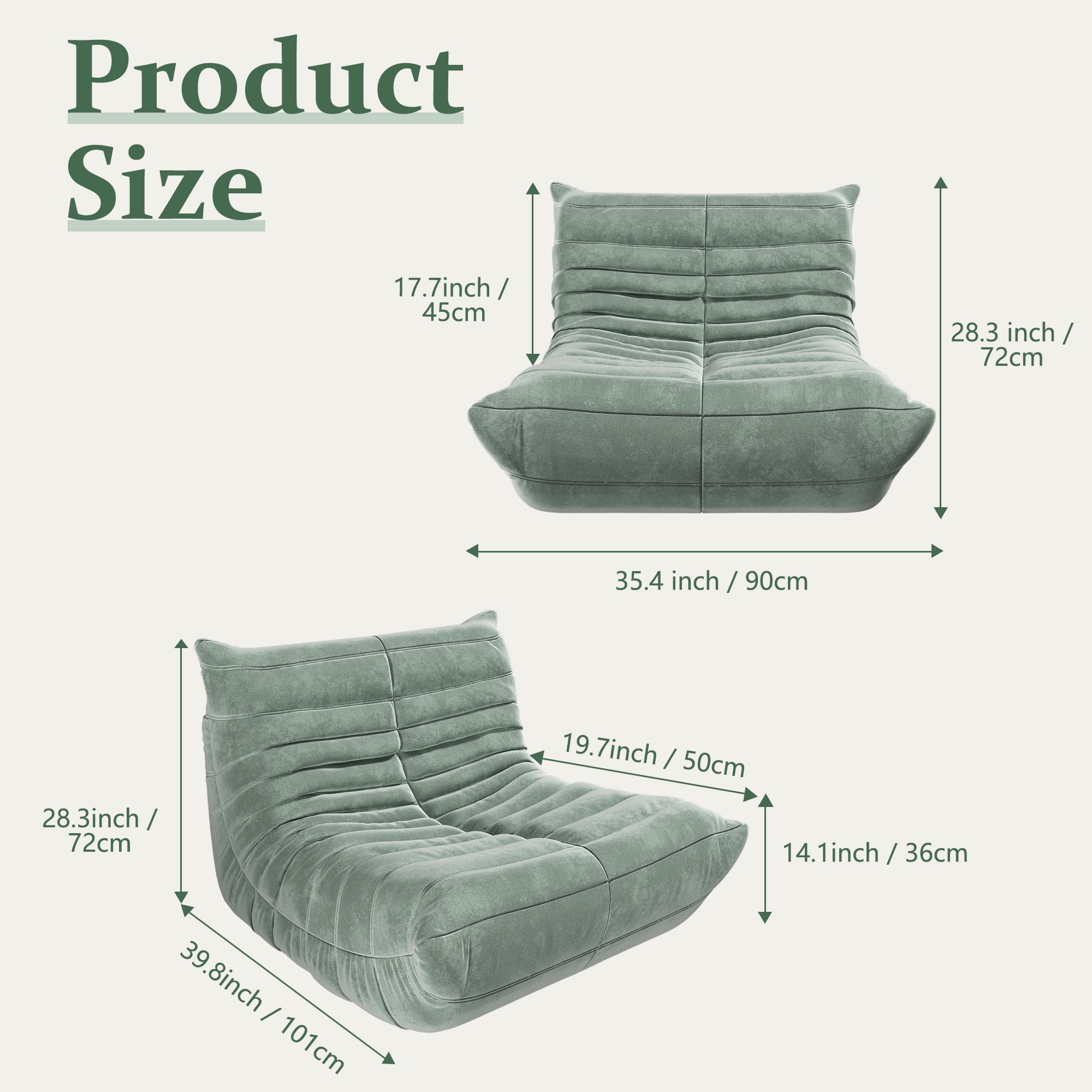 LineCrispton Memory Foam Bean Bag Chair for Adults, Luxury Fabric Compressed Sofa in a Box, Light Green, Single