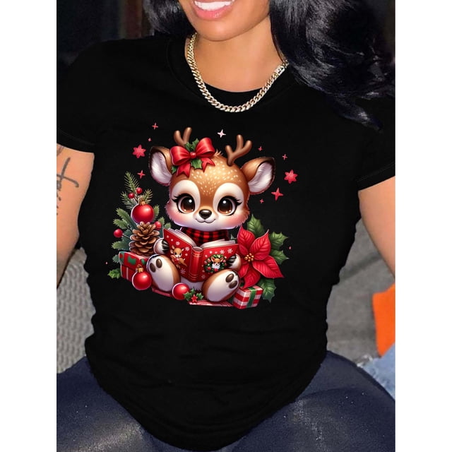 Women'S Casual Crew Neck Short Sleeve Christmas Reindeer Graphic T-Shirt Knit Fabric Tee for All Seasons Tee For Adult, Men, Women, Teen, Teenager, Adolescent, Youth