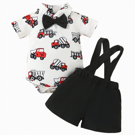 mgoYE Infant Baby Boy Outfits Dress Clothes Bowtie Tractor Romper Shirts Suspender Shorts Overalls Set Summer Suit 3 6 9 12 18 Months Size 3-6 Months