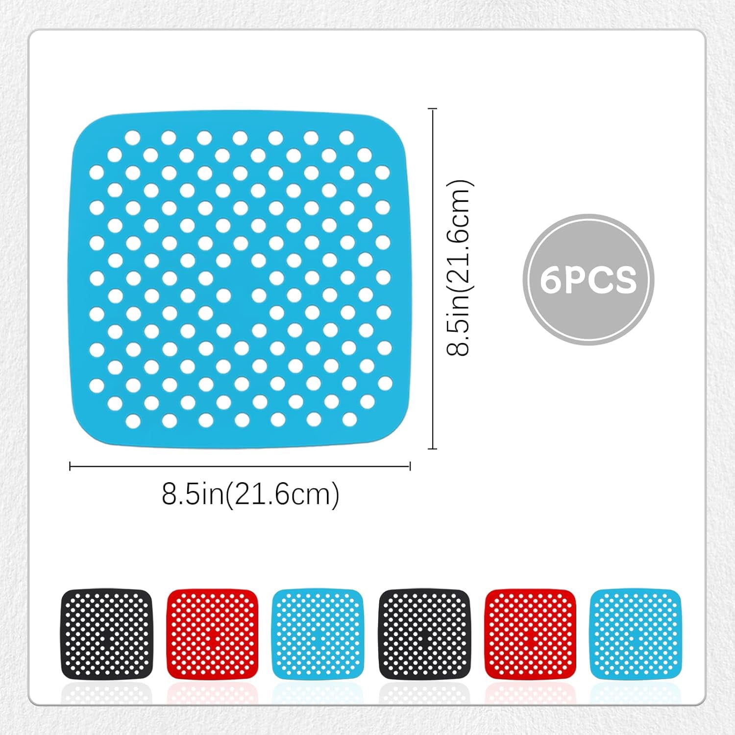JJEAN-6 Pack Square Silicone Air Fryer Liners – 8.5 Inch / 21.6 cm Reusable Nonstick Mats – Heat-Resistant, Dishwasher Safe Air Fryer Accessories – Black, Red, Sky Blue