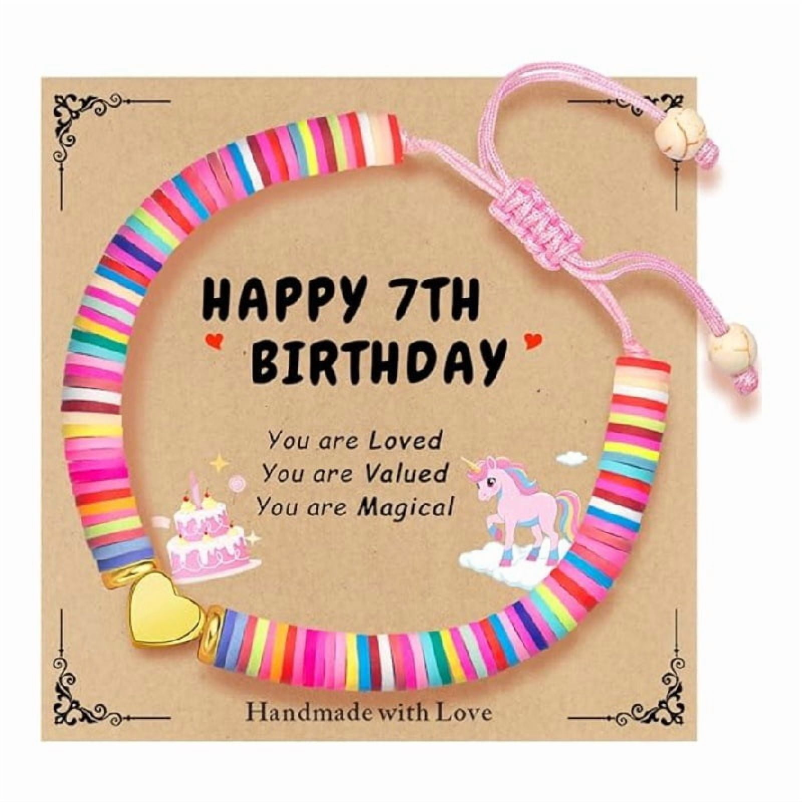 7th Birthday Bracelet Gift for Girls, Colorful Beaded Bracelet with Heart Accent and Birthday Message Card, Adjustable Keepsake Gift for Daughter, Granddaughter, Niece or Friend