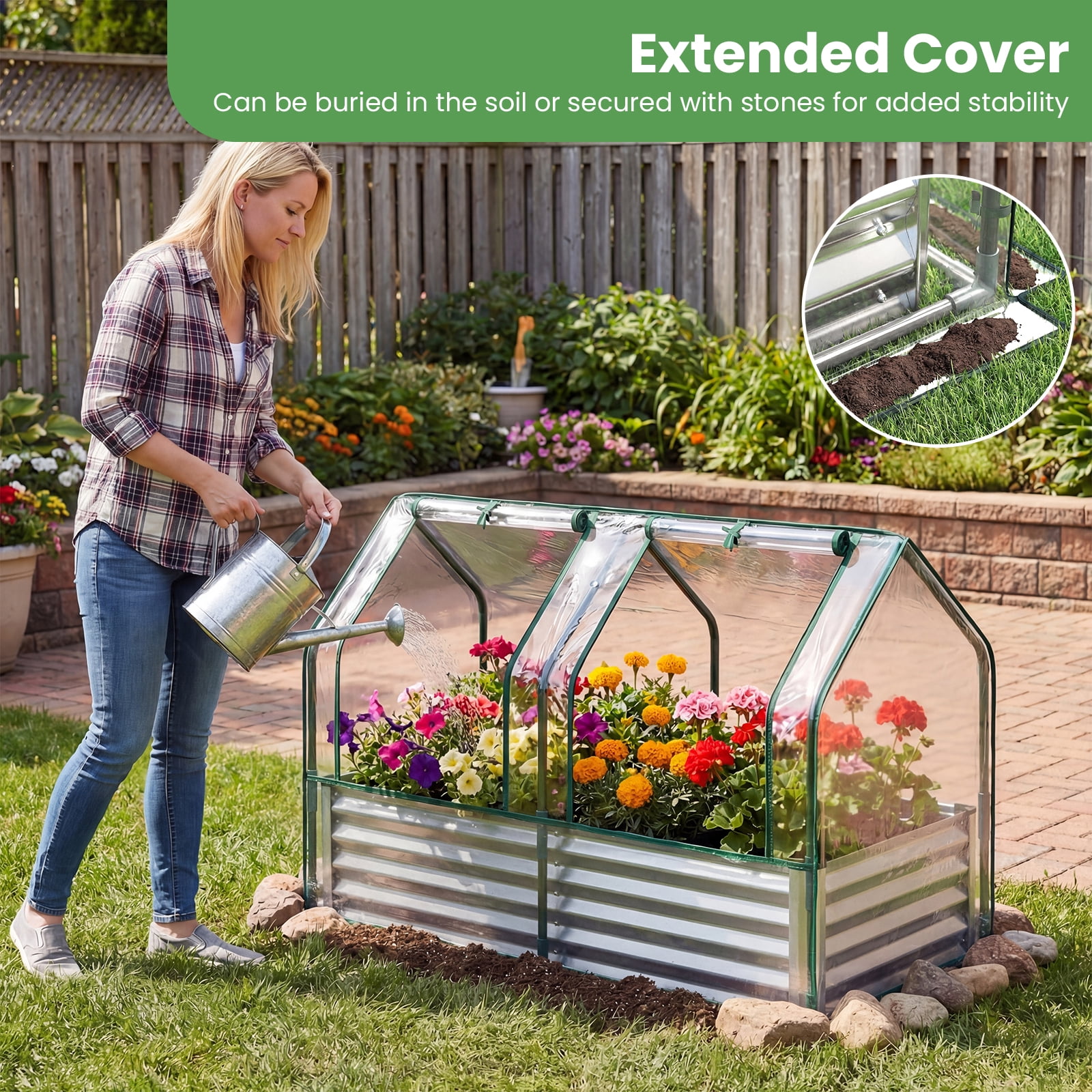 Gymax 4 x 2 x 3 FT Small Galvanized Raised Garden Bed w/Greenhouse Cover Windows Sliver & Transparent