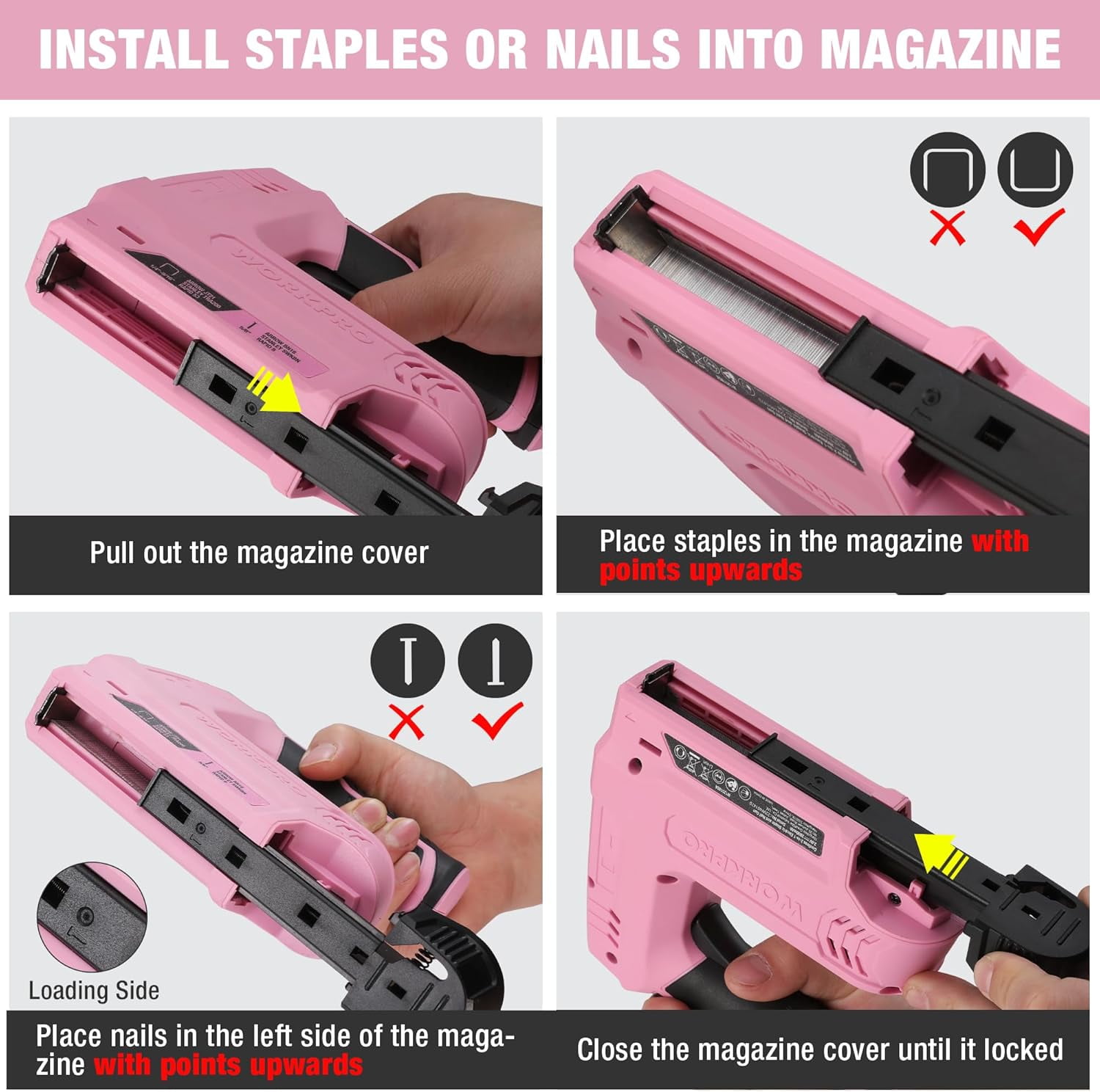 WORKPRO 3.6V Electric Staple Gun, 2-in-1 Brad Nailer with 2000 Fasteners, Usb Rechargeable for Upholstery and Home Diy Projects, Pink Ribbon