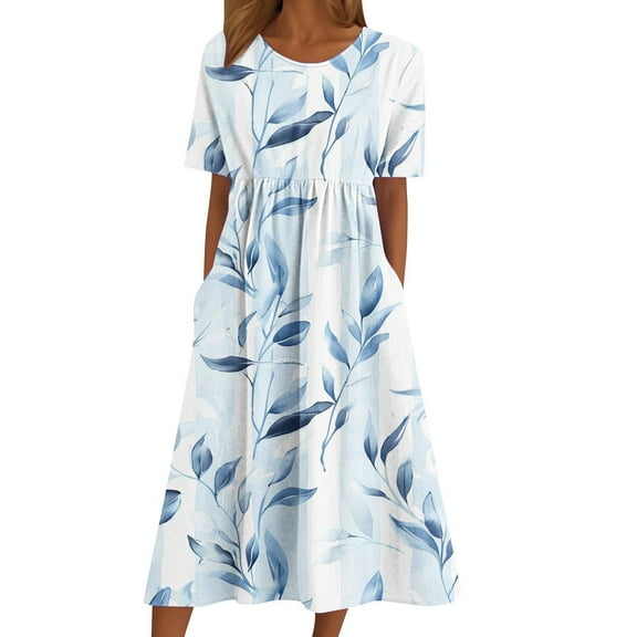 Tnhcen Women's Summer Casual Floral Print Short Sleeve Round Neck Knee Length Dress, 95% Polyester 5% Spandex Plus Size S - 2XL