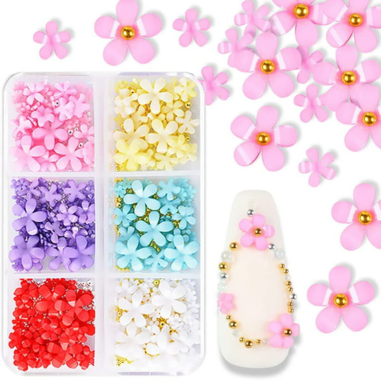 3D Flower Nail Charms - 6 Grids 3D Nail Flowers Gems White Pink Cheery  Blossom Nail Art Charms Spring Nail Art Supplies 3D Flowers with Pearls  Beads