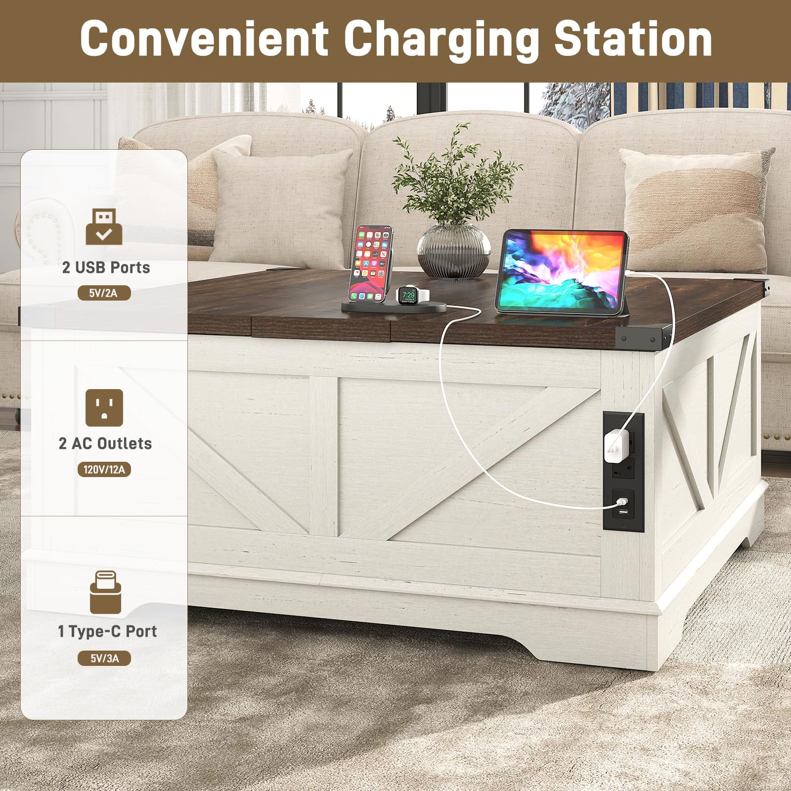 ChVans 40" Large Farmhouse Lift Top Coffee Table with Power Outlets, Square Wood Living Room Table with Large Hidden Storage, Multi-Function Lift Wooden Barn Door Center Table, Rustic White