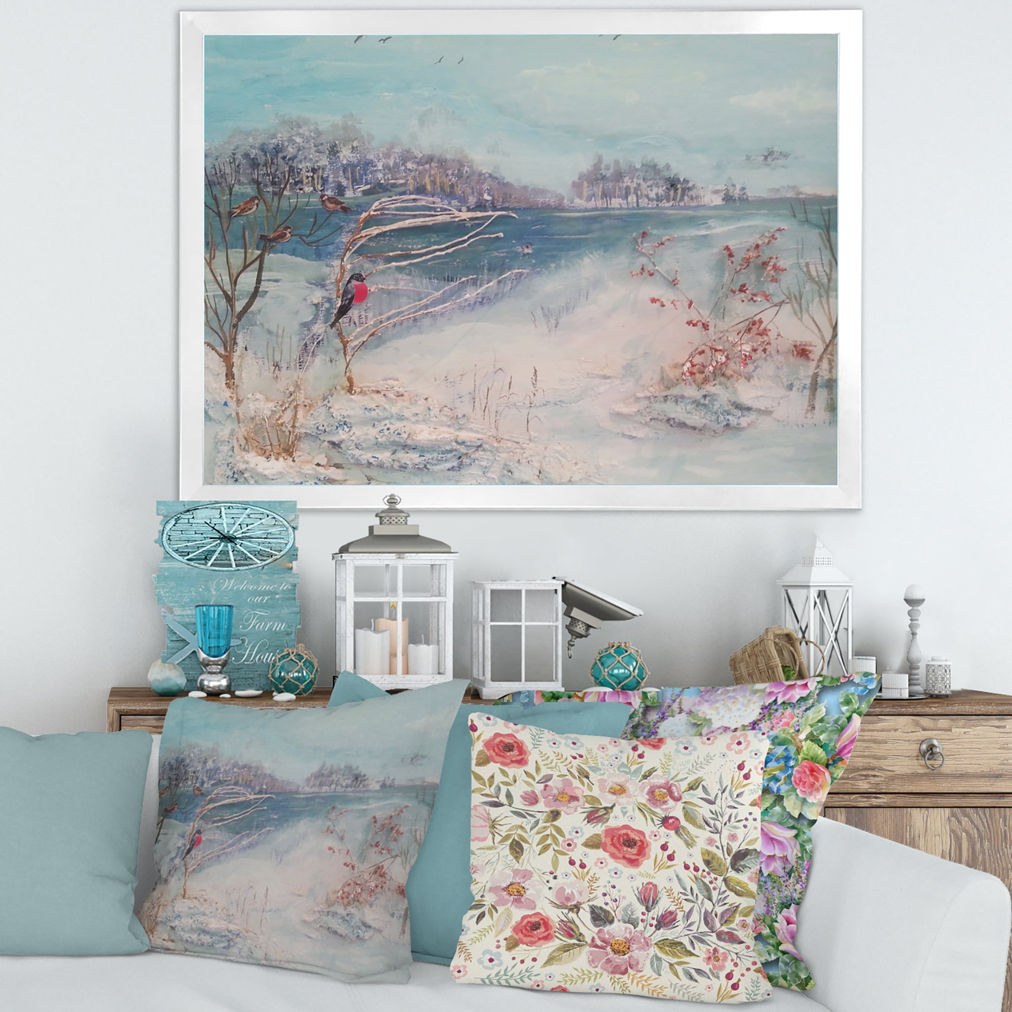 Designart 'Birds and Winter Trees By River' Lake House Framed Art Print