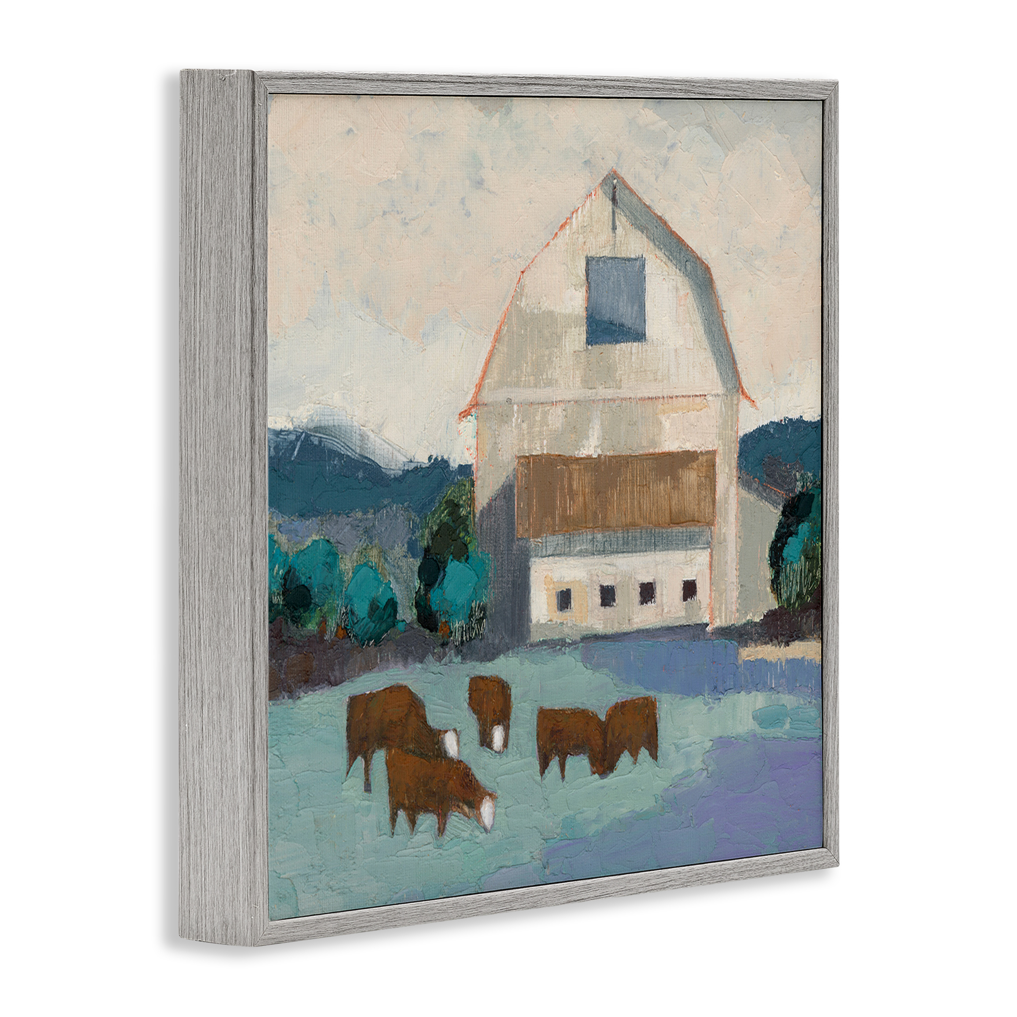 Stupell Industries Barnyard Grazing Cattle Landscape Painting Gray Framed Art Print Wall Art, 12 x 12