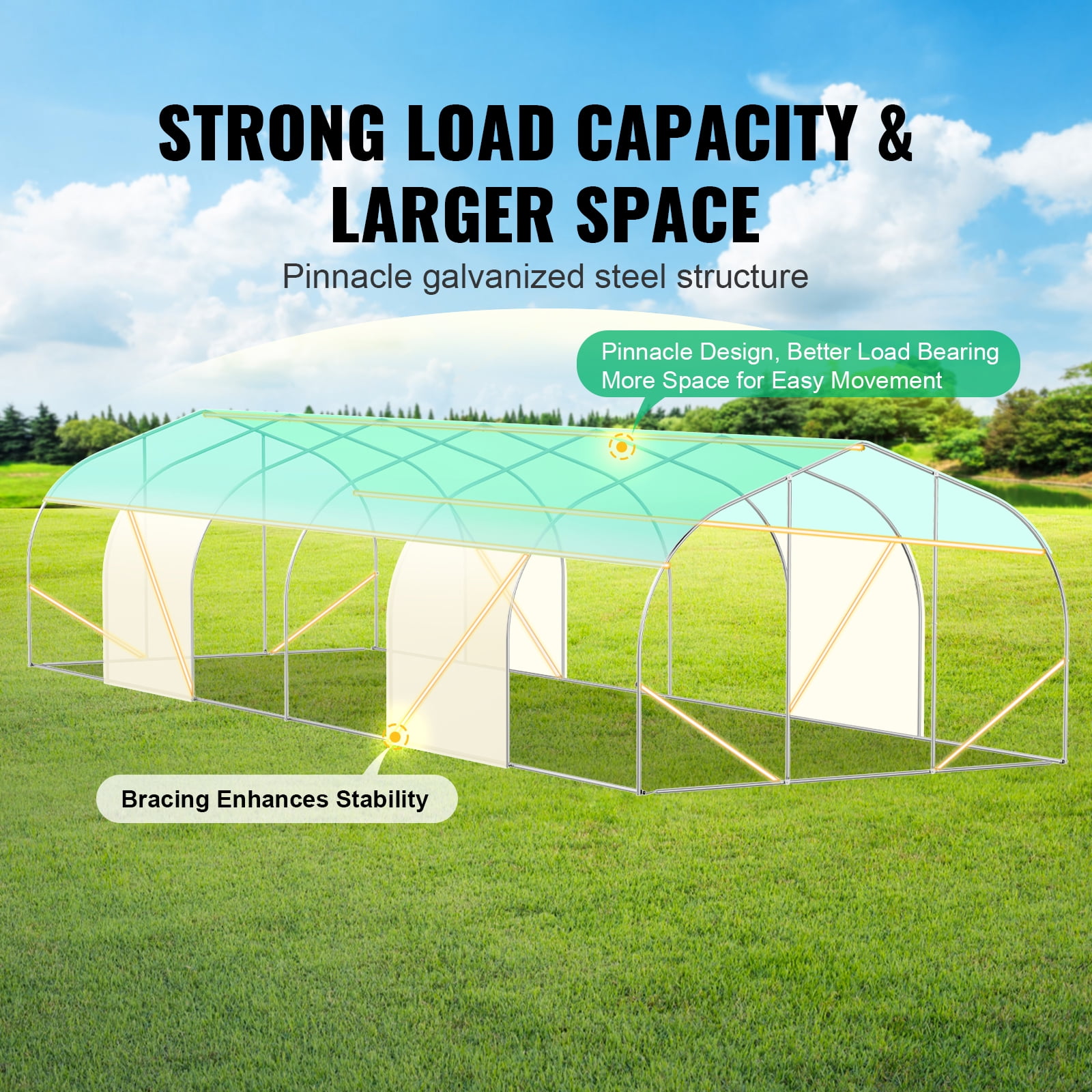 KFFKFF Tunnel Greenhouse, 29.5x9.8x6.6 ft, Peaked Roof, Green PE Fabric, Steel Frame, Roll-up Door, 12 Ventilation Windows, for Garden