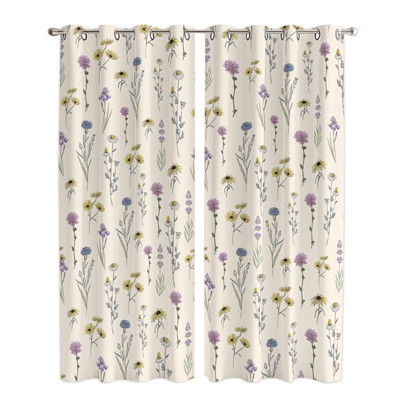 Elegant Floral Window Curtains Panels with Grommet, Watercolor Yellow Purple Blue Spring Botanical Kitchen Cafe Curtain Draperies Window Treatment Set for Living Room/Bedroom/Laundry/Bathroom, 84x84