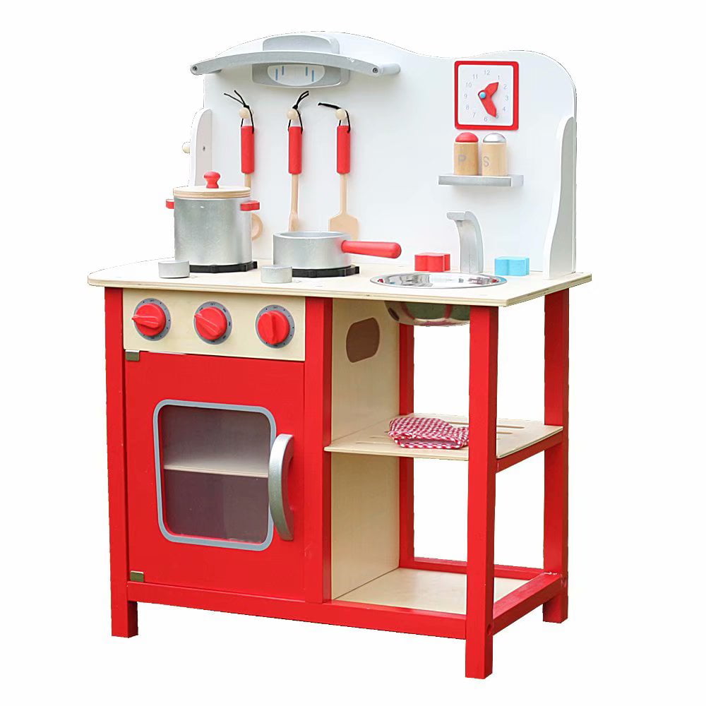 Wood Kitchen Toy Kids Cooking Pretend Play Set with Kitchenware and