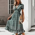 thumbnail image 2 of Vedolay T Shirt Dress Women Boho Summer Side Split Deep V Neck Short Sleeves Maxi Dress with Belt,E-Green L, 2 of 5