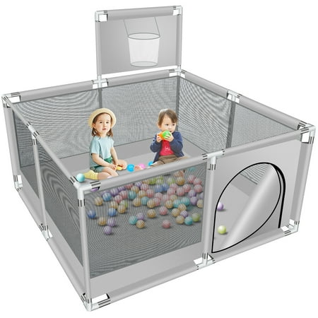 Baby Playpen HDJ 50 inch Baby Playard with Basketball Hoop and Breathable Mesh Baby Fence Game Center for Boy and Girls Gray