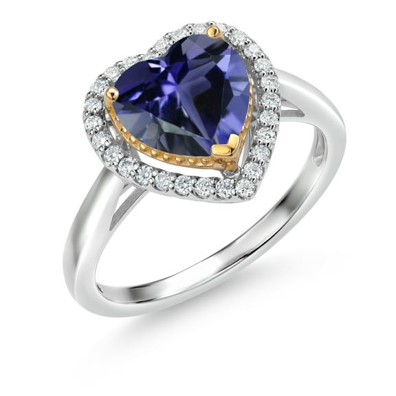 Gem Stone King 1.45 Ct Blue Iolite G/H Lab Grown Diamond 925 Silver and 10K Yellow Gold Ring (Size 5)