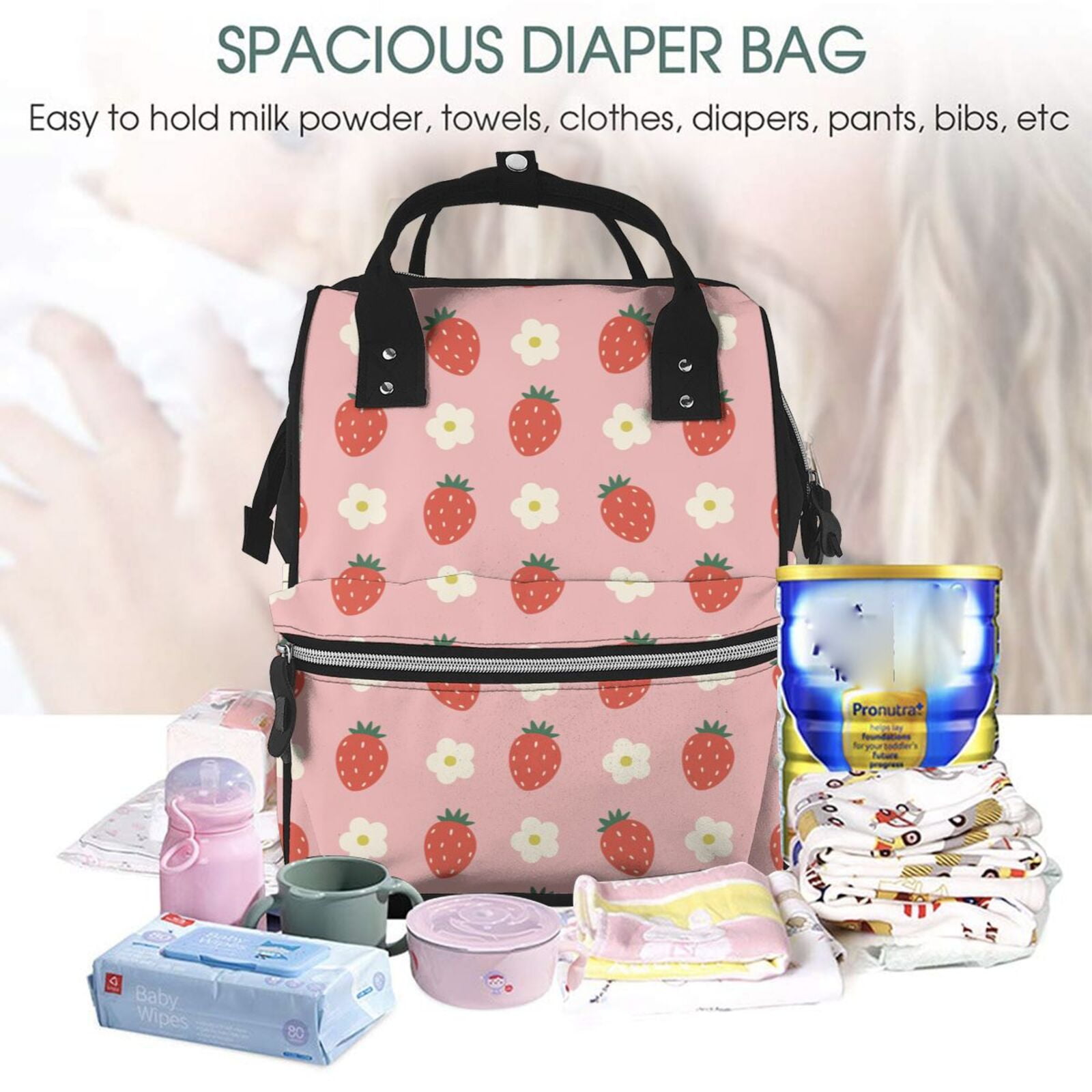 Ratiio Strawberry Mummy Backpack - Waterproof Twill Canvas, Large Capacity Diaper Bag with Multiple Pockets and Adjustable Straps