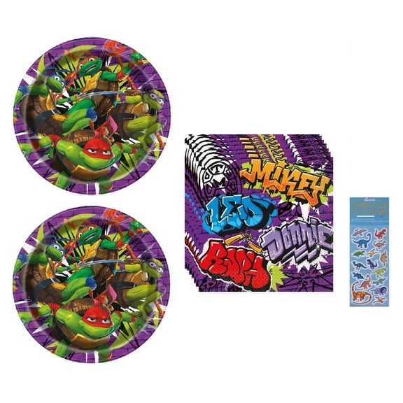 TMNT Teenage Mutant Ninja Turtles Birthday Party Supplies Bundle includes 16 Lunch Paper Plates 9", 16 Lunch Paper Napkins 2-Ply 6.5" x 6.5", 1 Dinosaur Sticker Sheet