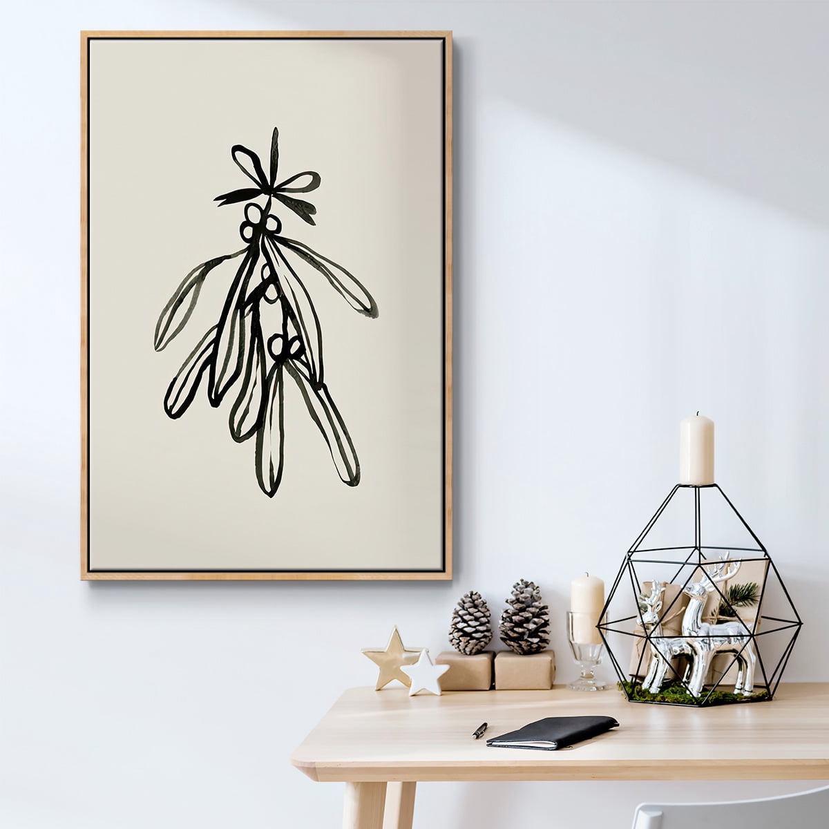 Mistletoe Sketch with Bows II - Framed Gallery Wrapped Holiday Canvas - 17 x 25 - Natural Wood Frame