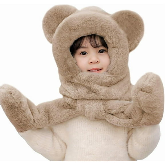 3-in-1 Scarf Gloves Hats Set Multi-Functional Cap for Kids - Faux Fur Hooded Hat with Scarf & Mittens, Cute Bear Design for Boys Girls Cold Weather Protection
