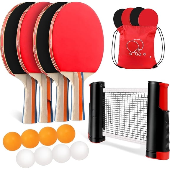 Table Tennis Set with 4 Rackets, 8 Balls, Retractable Net, and Storage Bag for Indoor/Outdoor Games