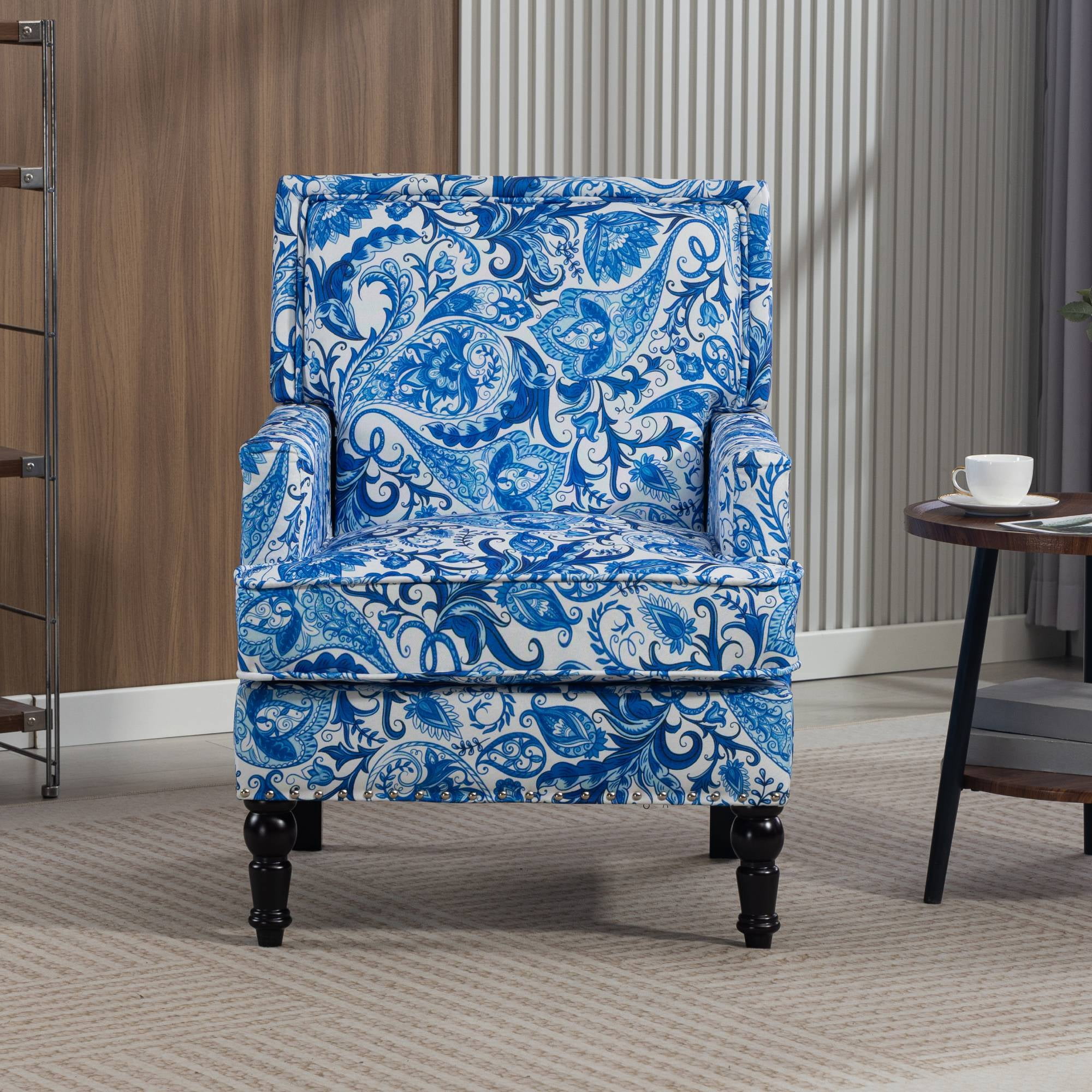 Mid Century Accent Chair Comfy Armchair with Wooden Legs & Nailhead Trim, Blue and White Striped Vintage Arm Chair, Blue and White