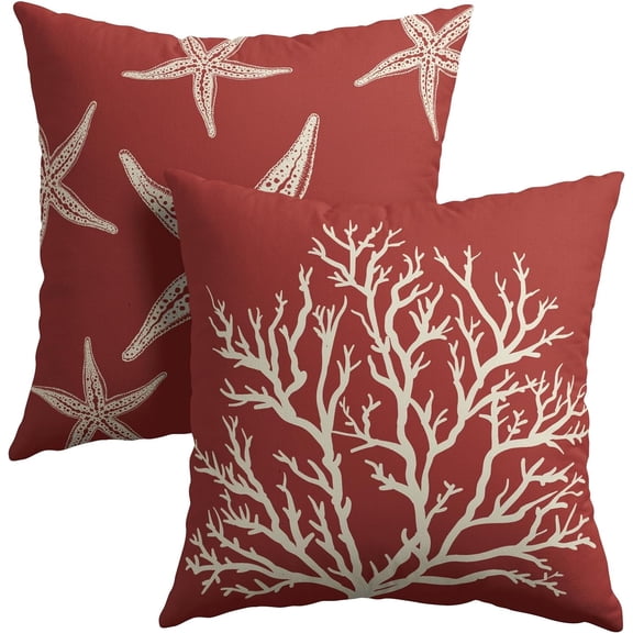 Summer Red Starfish Pillow Covers 18x18 Inch Set of 2 Beach Sea Coral Throw Pillowcase Cotton Linen Square Decorative Nautical Coastal Themed Cushion Cover for Sofa Bedroom Indoor Outdoor Party