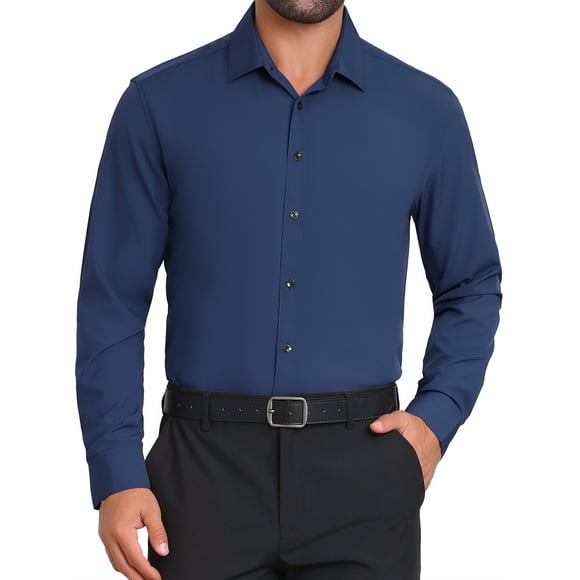 INSPIRE CHIC Men's Solid Color Button Down Long Sleeves Stretch Business Dress Shirt M Navy Blue